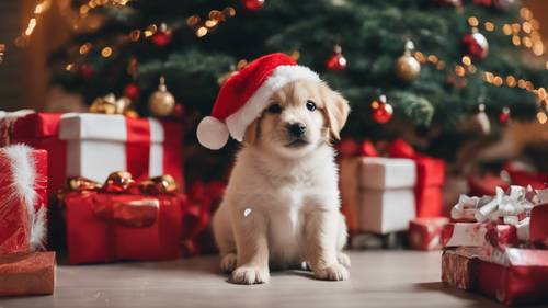Anak anjing anime menggemaskan dengan topi Santa merah, duduk di depan pohon Natal dengan hadiah berserakan.