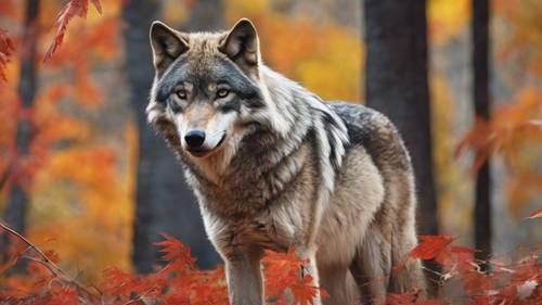这是一幅细致的油画，画中是一只保持镇定的灰狼，背景是色彩缤纷的秋叶。