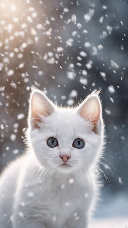 Seekor anak kucing putih dan murni menatap kepingan salju pertama musim dingin dengan mata lebar dan penuh rasa ingin tahu.