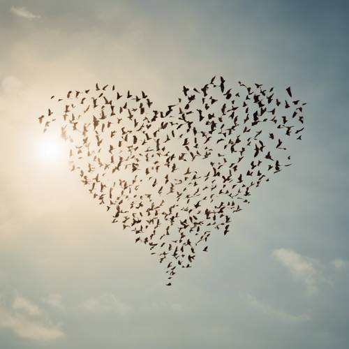 Um bando de pássaros voando formando um coração ao sol do meio-dia.