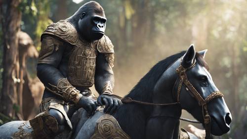 Uma representação imaginativa de um cavaleiro gorila, montando com confiança um corcel fantástico.
