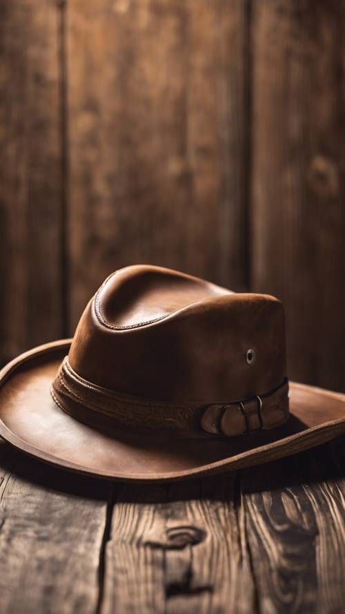 Topi pemburu kulit berwarna coklat diletakkan di atas meja kayu pedesaan.