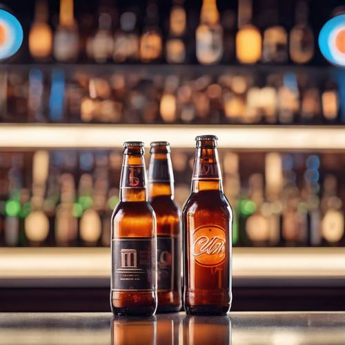 Бутылки крафтового пива в винтажном стиле на фоне современного глянцевого бара с неоновым освещением.