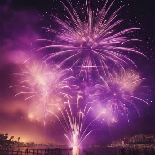 お祭り気分 パープル色の花火壁紙　楽しいお祝いの名言付き