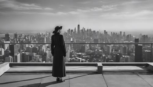 Imagen en blanco y negro de una mujer elegantemente vestida de pie en el borde de un tejado, cubierta por el horizonte de la ciudad.