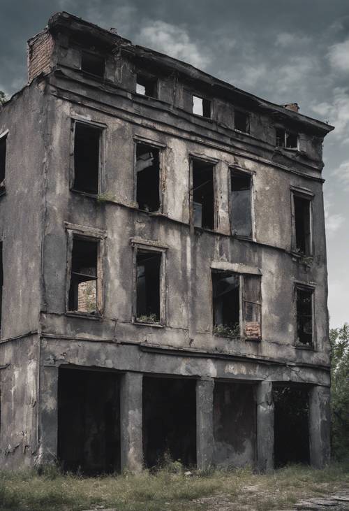 Một tòa nhà cũ bị bỏ hoang với những bức tường màu xám đen, phong hóa.