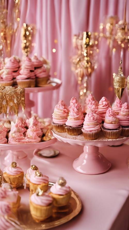 Una mesa de postres rosa en una fiesta, adornada con detalles y adornos dorados.