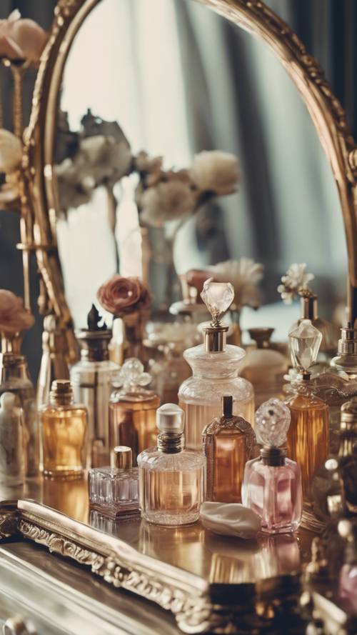 Un tavolo da toeletta da donna decorato con una varietà di flaconi di fragranze dalla forma vintage.