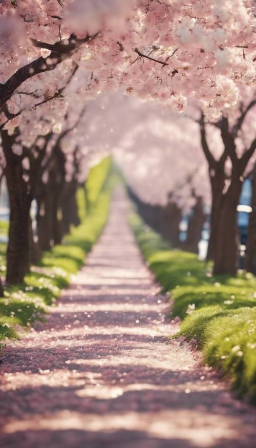 An iconic image of a cherry tree avenue in full bloom, petals falling like a gentle snow in the spring breeze.