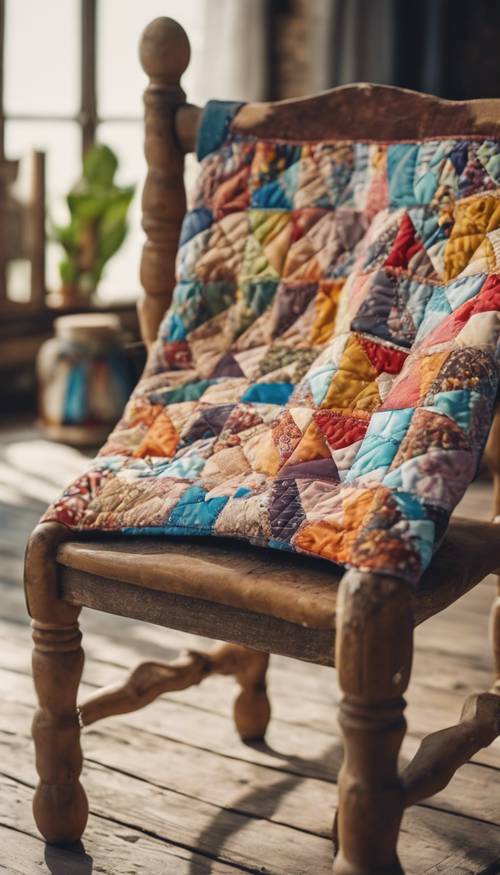 A zoomed perspective of a vintage geometric patchwork quilt resting on an old wooden chair Tapeta [771b9f2c725f47eda545]