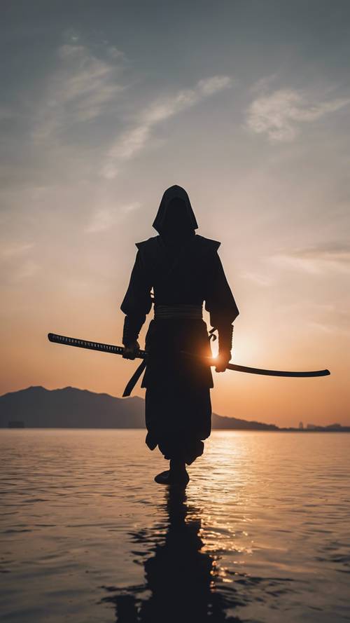 Un ninja sin rostro vestido de negro sosteniendo una katana, silueta contra la puesta de sol.