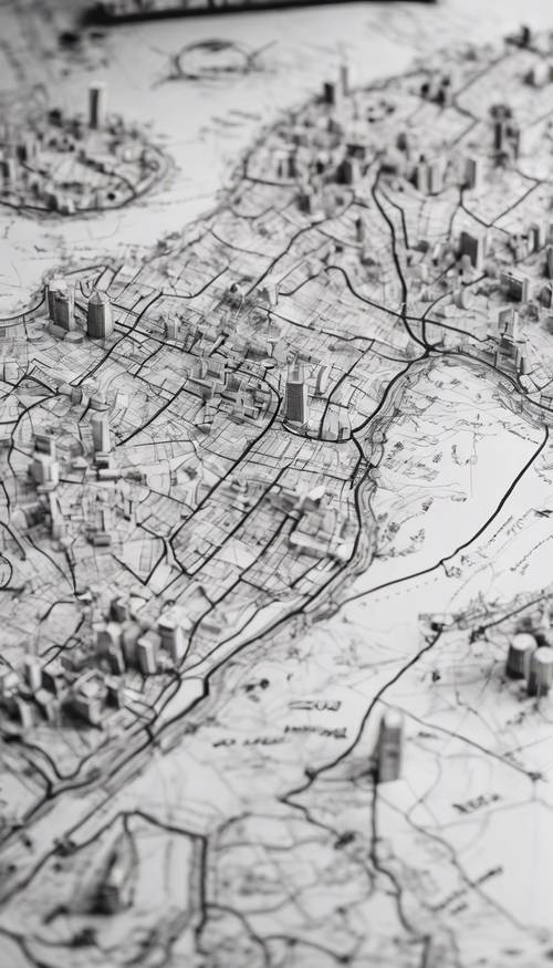 Sketsa tinta hitam peta kota di kertas putih.