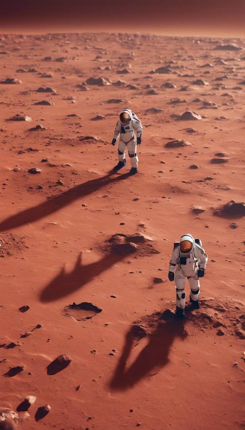 Explorers landing on Mars, leaving the first human footprints on the red-dust-covered terrain.