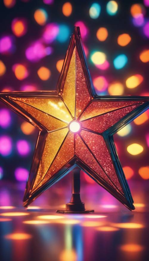 Uma estrela retrô brilhante em um ambiente discoteca colorido no estilo dos anos 70 com luzes animadas.