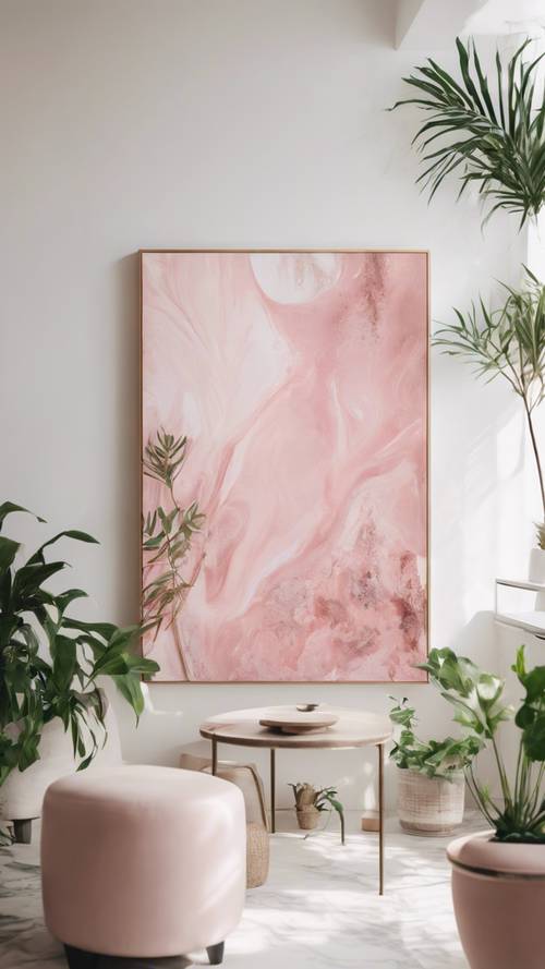 لوحة تجريدية باللون الوردي الناعم على جدار أبيض محاطة بالنباتات الداخلية، مما يعزز جمالية الغرفة
