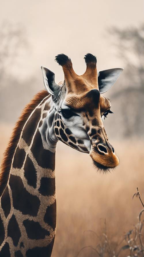 Ein kühler Wintertag in der Savanne mit einer Giraffe, die ihren nebligen Atem ausstößt.