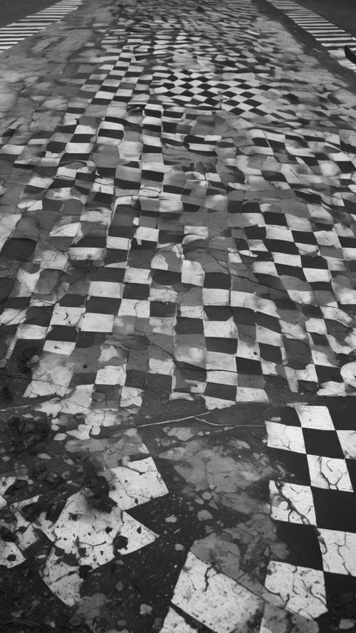 A taken from above view of a worn-out black and white checkered sidewalk in a bustling city.