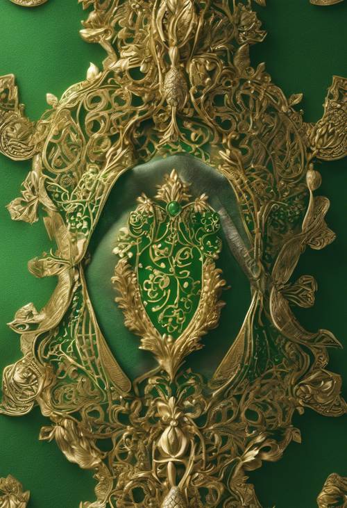 Regalità reale in oro elegantemente distribuita su una lussuosa trama verde senza soluzione di continuità.