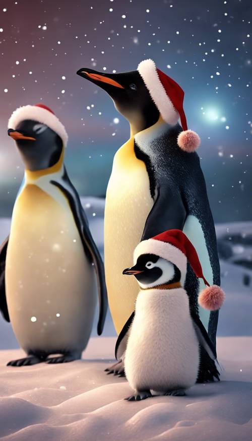 Uma adorável família de pinguins vestidos com trajes natalinos, celebrando o Ano Novo sob um céu noturno repleto de aurora.