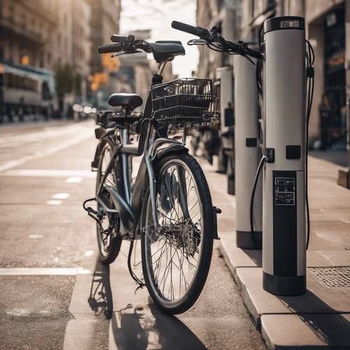 Uma bicicleta elétrica carregando em uma estação de uma cidade movimentada.