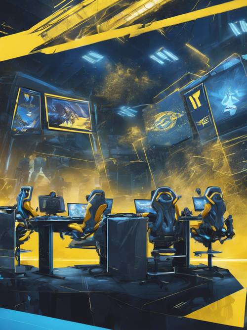 Niebiesko-żółta drużyna e-sportowa z dużymi ekranami wyświetlającymi trwającą grę.