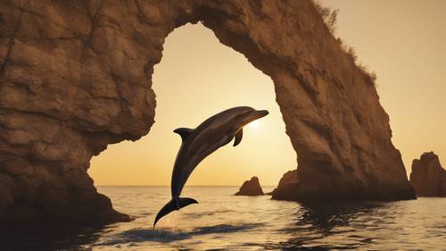A silhouette of a dolphin carved into a cliff face by ancient seaside dwellers, bathed in the golden light of the setting sun.