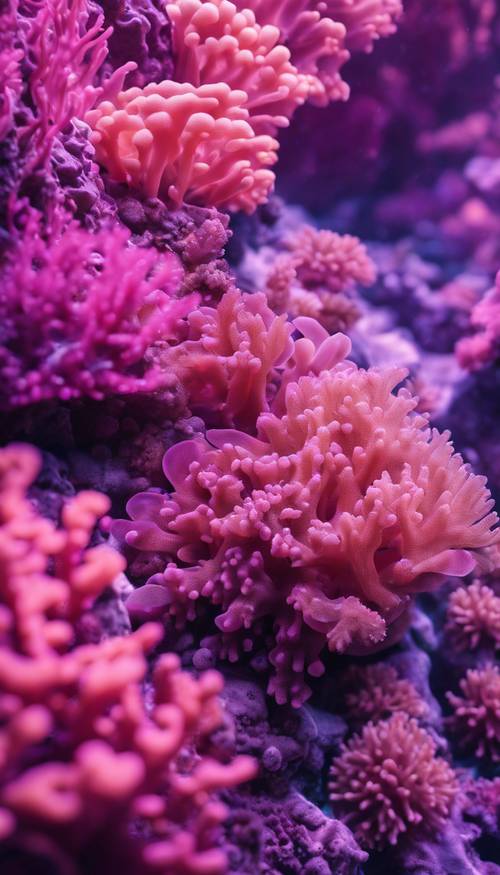 A vibrant underwater world, with a close-up view of a thriving coral pattern in shades of pink and purple. Kertas dinding [f0fc2914acd54a5cb532]