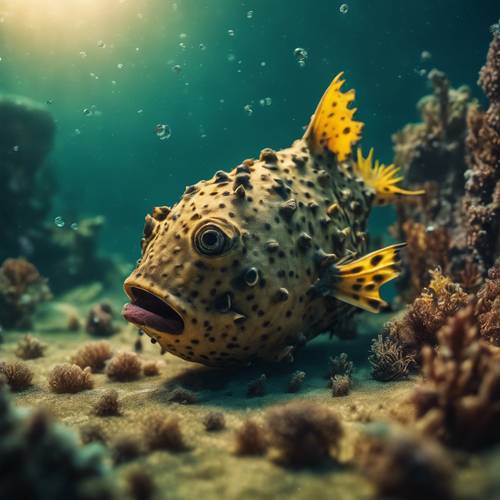 A scene of a mysterious boxfish investigating a wrecked pirate ship submerged in the deep ocean.