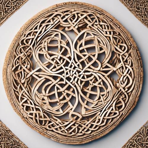An elaborate Celtic knot pattern made out of cork on a bright white background.