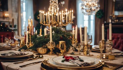 Um conjunto de sala de jantar elegante para o jantar de Natal, com pratos dourados, castiçais, guardanapos xadrez e visco no lustre.