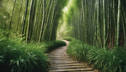 Las bambusowy, przez który wije się kamienna ścieżka.