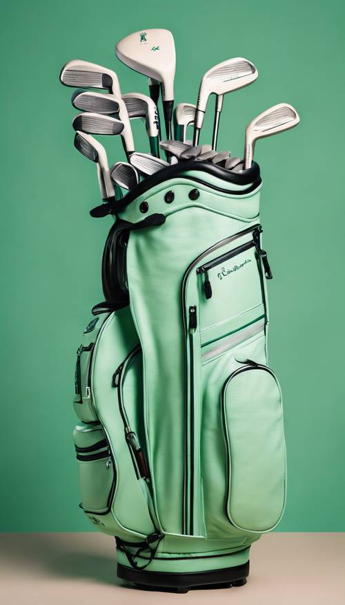 A mint green golf club bag filled with clubs.