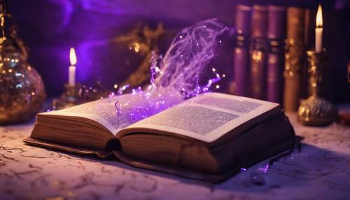 在一个被紫色魔法照亮的房间里，一本漂浮的阴影之书散发着古老的咒语光芒。