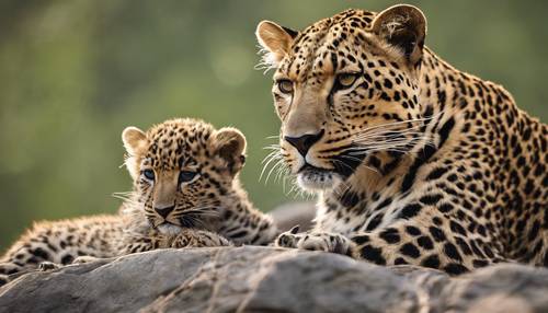 A proud leopard mother, surrounded by her cubs, perched atop a large rock.