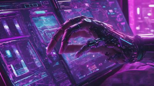 Mor renkli sibernetik bir uzuv taşıyan, mekanik parmakların parlak holografik ekranları yönlendirdiği bir adamın elinin yakından görünümü.