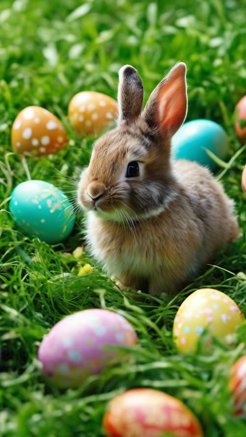一隻小兔子的特寫，坐落在鮮綠的草地上，周圍有彩色的復活節彩蛋