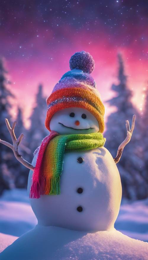 Un bonhomme de neige fantaisiste décoré d&#39;une écharpe et d&#39;un chapeau aux couleurs vives, sous un ciel nocturne d&#39;aurores boréales multicolores.