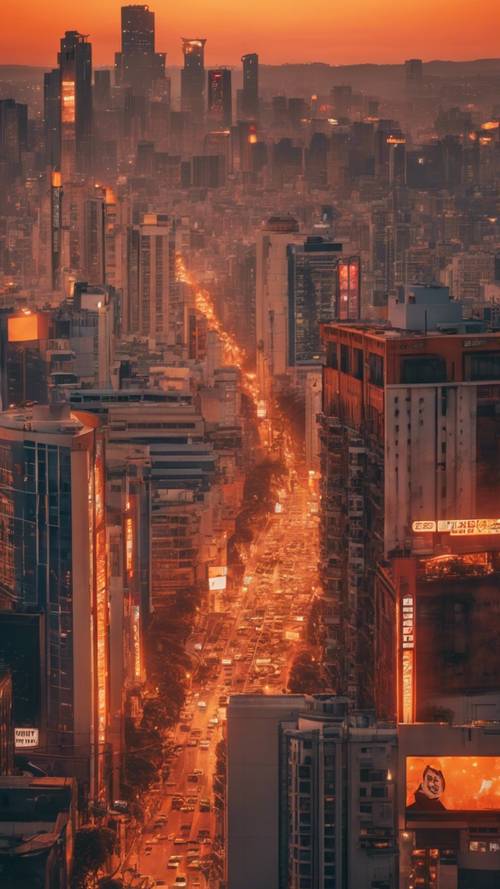 Pemandangan kota Y2K saat matahari terbenam dengan papan reklame komersial dan gedung-gedung tinggi bersinar oranye.