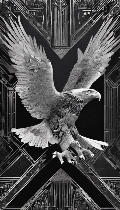 Geometrically styled eagle mid-flight with Art Deco inspired embellishments in silver and black