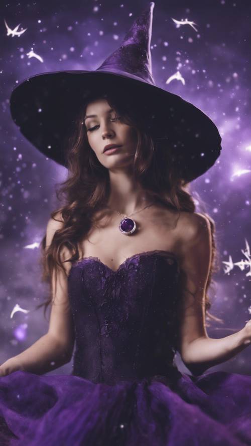 Uma bruxa fofa com um vestido roxo escuro desenhando símbolos mágicos no ar.