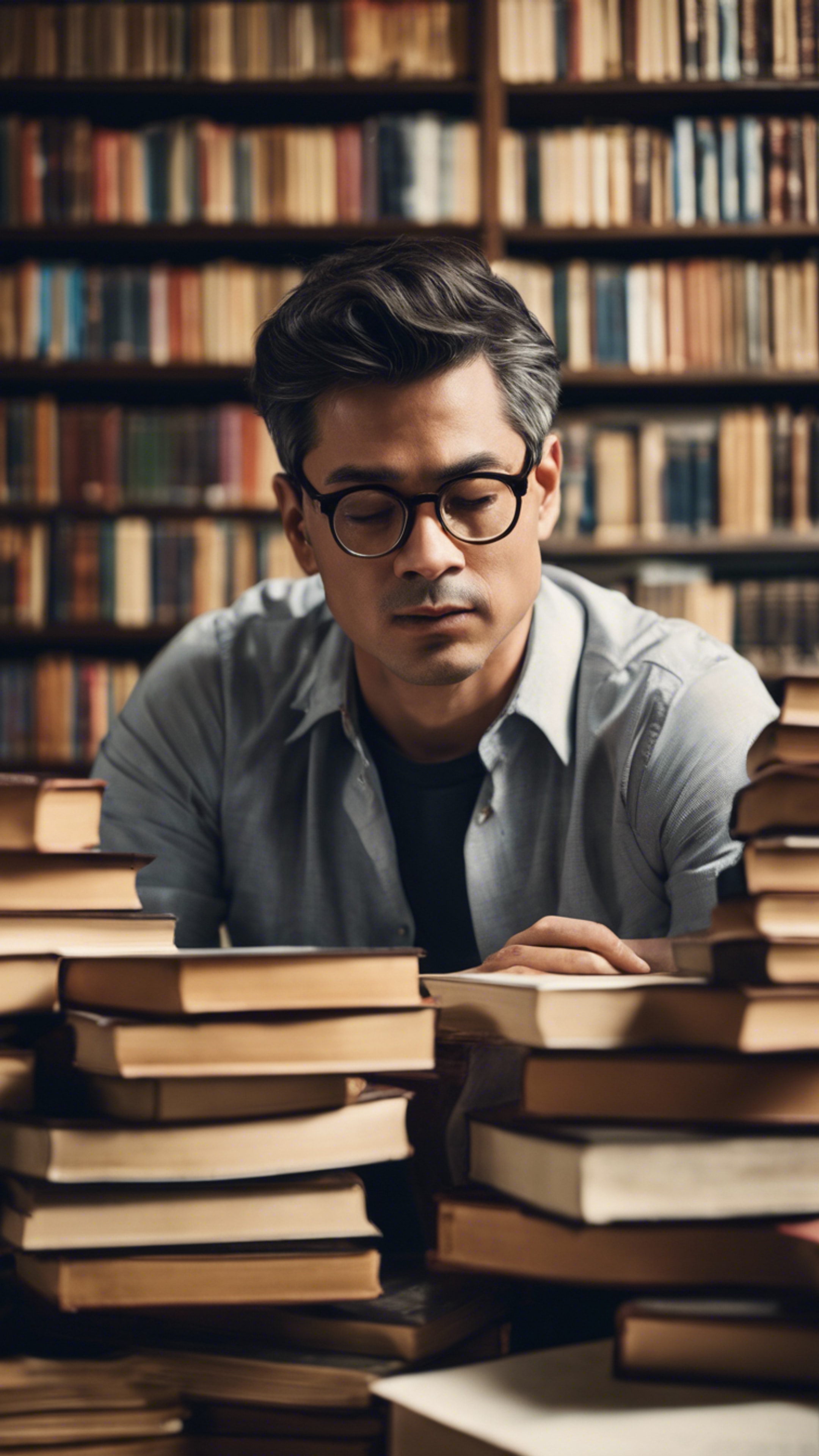 An intelligent man in glasses, deeply engrossed in his studies surrounded by stacks of books in a quiet library. Tapeta[88f4531613da45079a41]