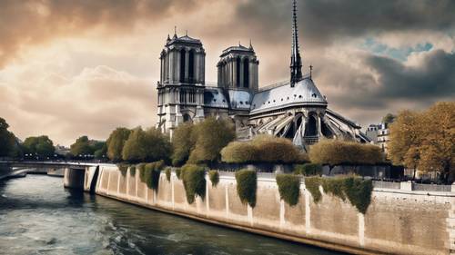 Ein Ölgemälde von Notre Dame vor dem Brand, hoch und prächtig unter dem bewölkten Pariser Himmel stehend.