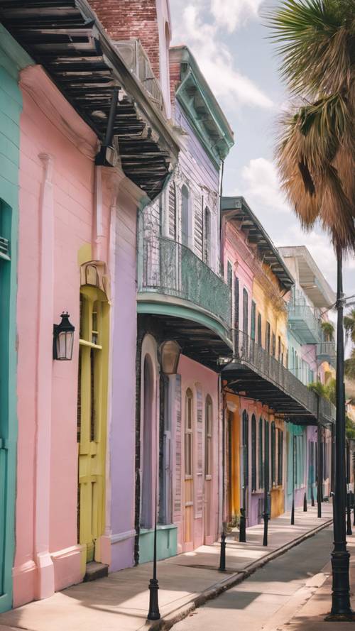 A row of lovely homes in the French Quarter, exhibiting pastel striped exteriors.