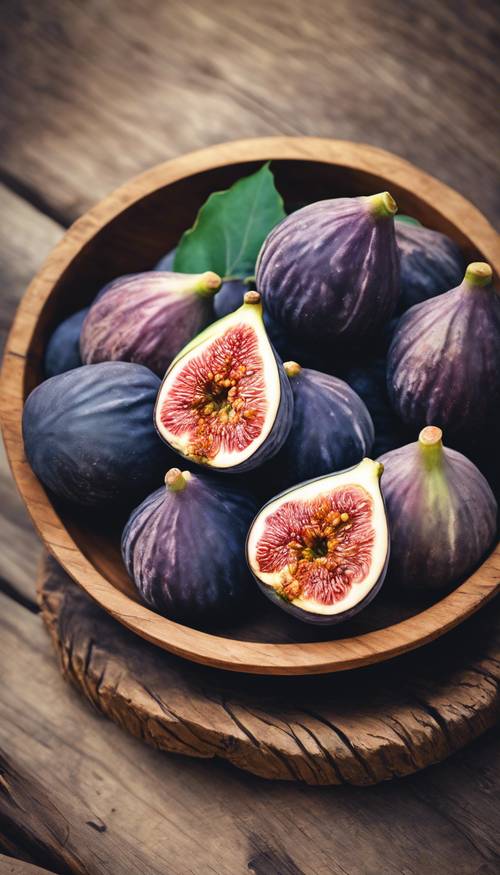 Vintage style illustration of freshly harvested figs arranged in a rustic wooden bowl.