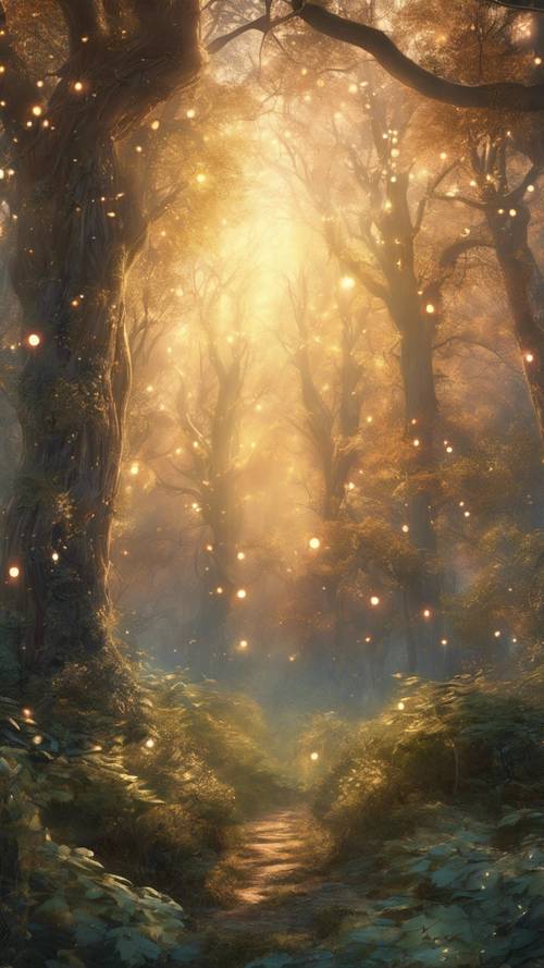 Волшебный лес во время золотого заката, среди деревьев мерцают волшебные огни.
