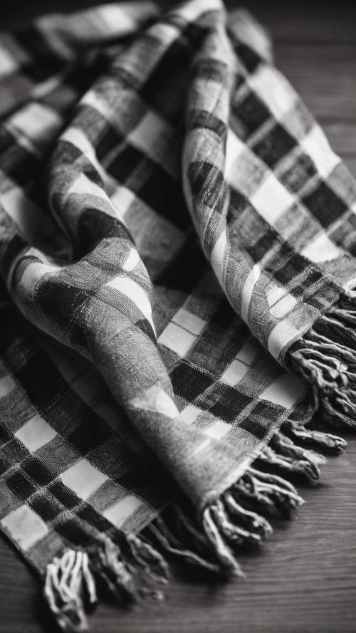 Una sciarpa scozzese bianca e nera piegata ordinatamente su un tavolo di quercia.