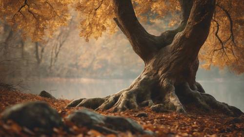 Un vieil arbre se dresse seul au milieu d&#39;une forêt aux couleurs d&#39;automne portant la phrase « Une rivière traverse une pierre, non pas à cause de sa puissance mais à cause de sa persistance ».