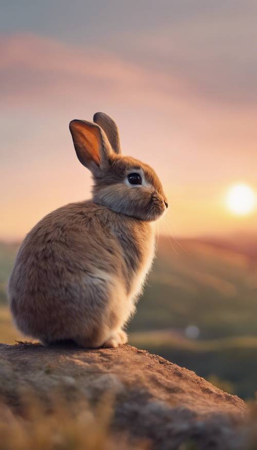 Um jovem coelho com pelo macio e fofo, empoleirado no topo de uma colina com vista para o pôr do sol em tons pastéis.