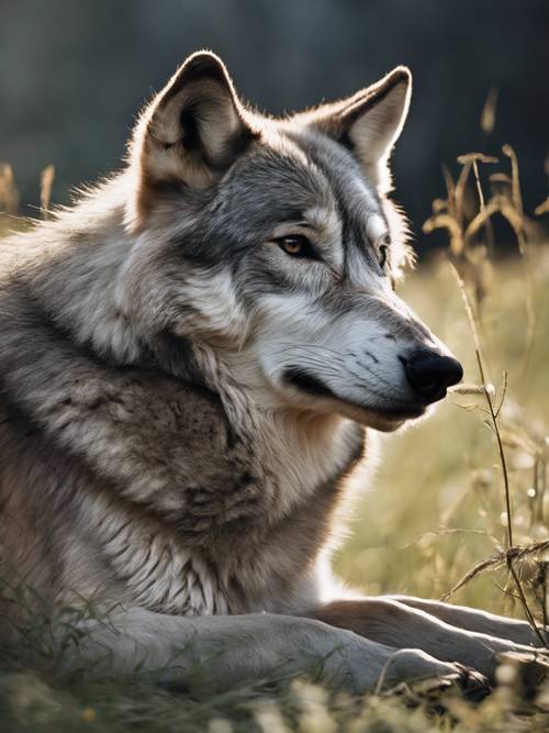 Pemandangan damai dari serigala abu-abu yang beristirahat di padang rumput yang diterangi cahaya bulan.