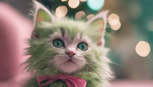Anak kucing berbulu hijau dengan mata cerah dan pita merah muda yang lucu.